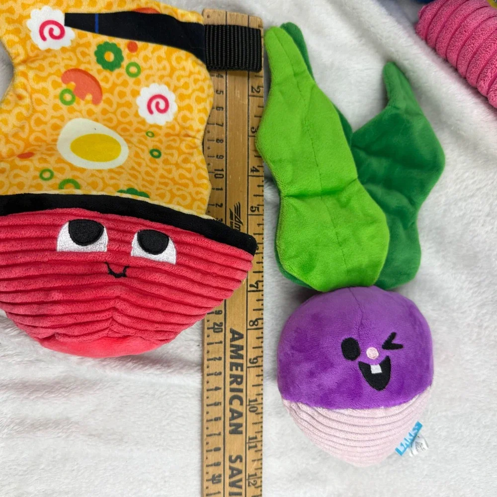 BARK Dog Toy Lot 7pc Plush Squeaker Pizza Ramen Arcade Wizard Remote Turnip